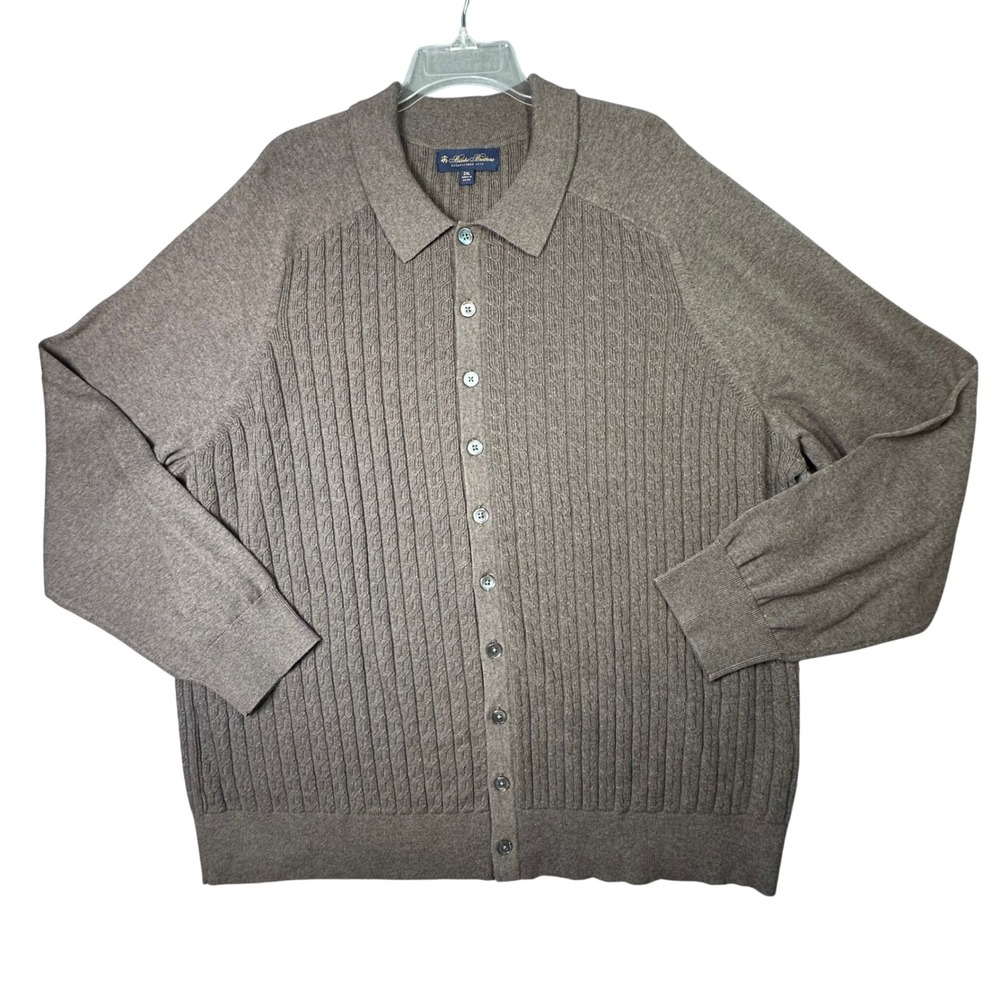 Brooks Brothers Mini Cable Knit Cardigan Polo Sweater 2XL Brown Old Money NEW
